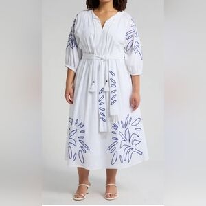 Chic White and Blue Embroidered Long Sleeve Dress